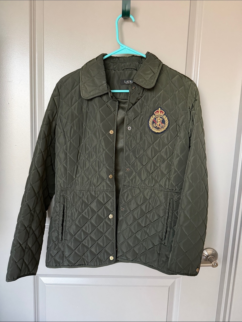 Lauren Ralph Lauren Quilted Dark Olive Green Shirt Jacket with Embroidered Crest